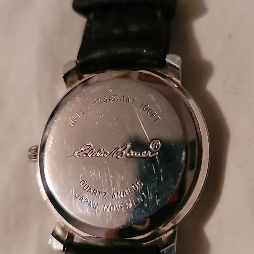 Vtg Eddie Bauer Watch Men's 34mm‎ Silver Tone Date Braided Leather New Battery